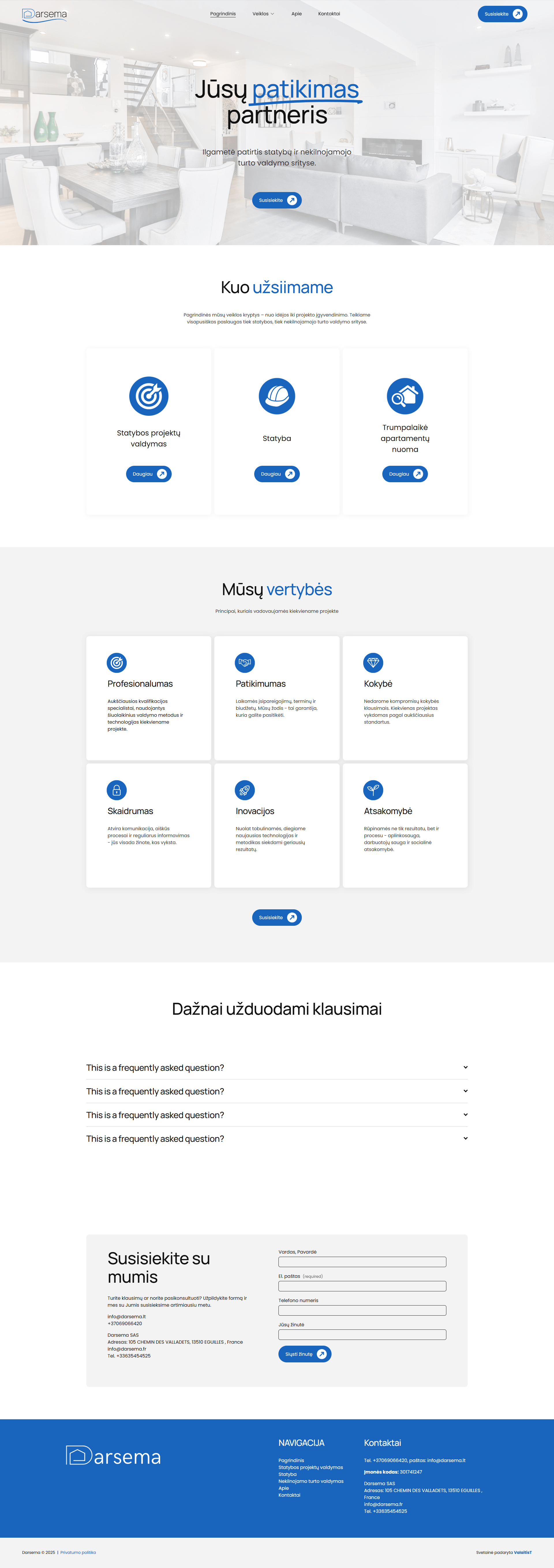 A website homepage for luxury homes featuring a large header image of a backyard with a swimming pool and Mediterranean-style buildings at night. The page includes sections about the company, a team introduction with photos and titles, and a contact form with a map of New York City.