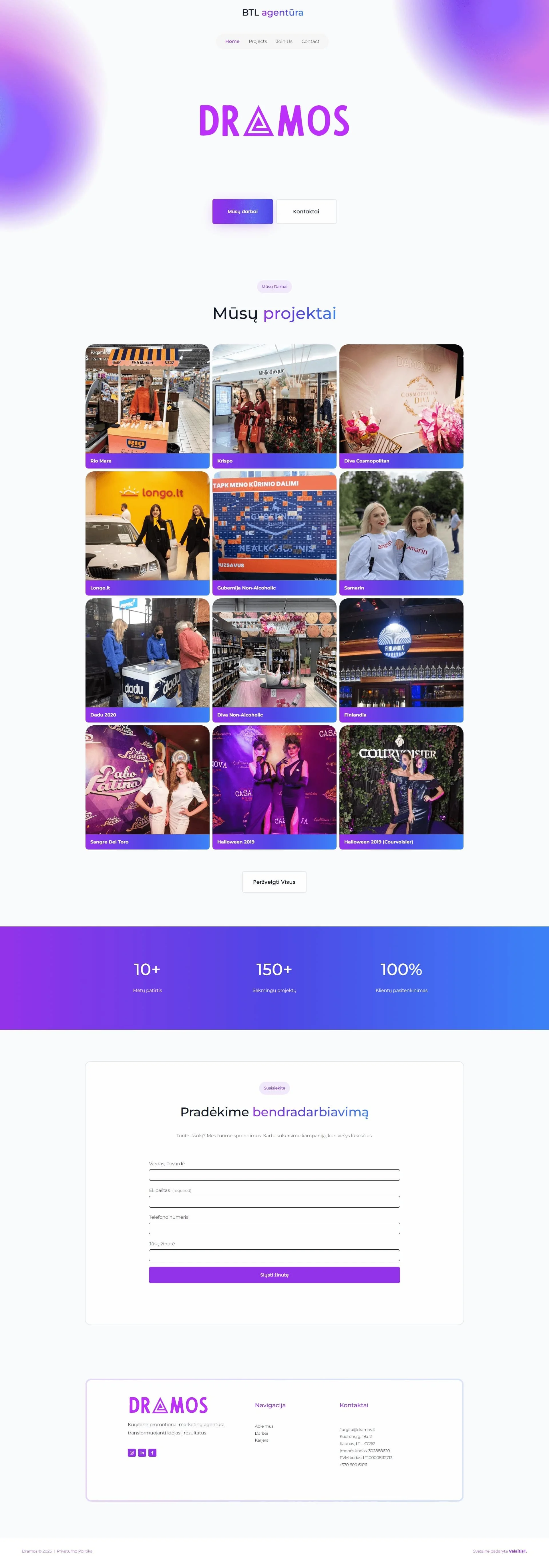 Homepage of a marketing agency website showcasing various sections including services like creative branding, client-centric approaches, data-driven strategies, and digital communication, with a cityscape image, contact form, and navigation menu.
