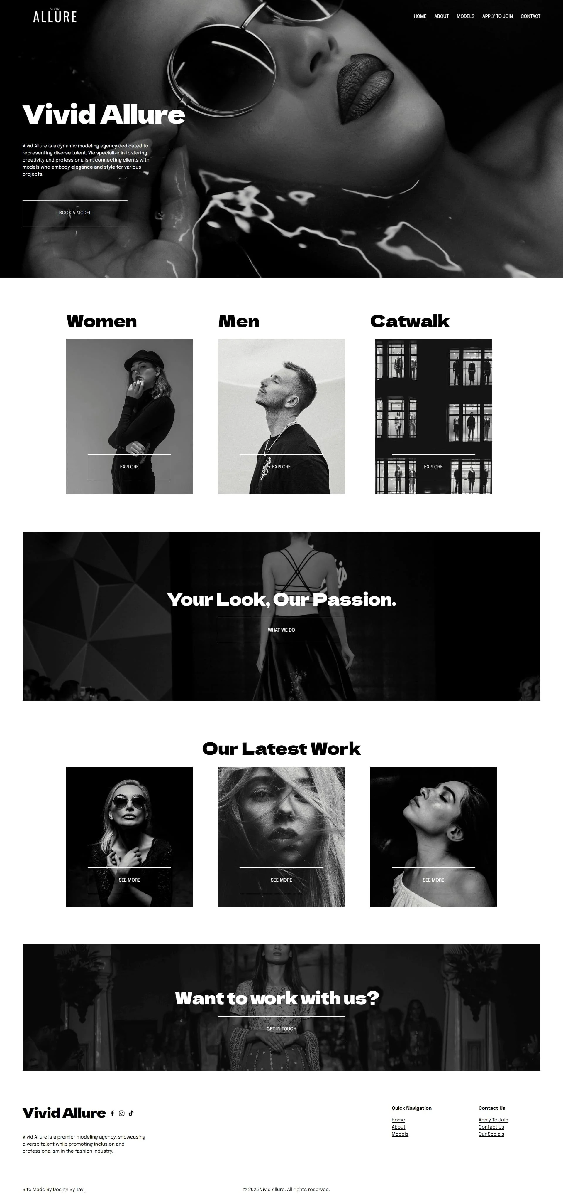 Black-and-white website homepage for Vivid Allure featuring fashion photography, model categories, latest work, and contact information.