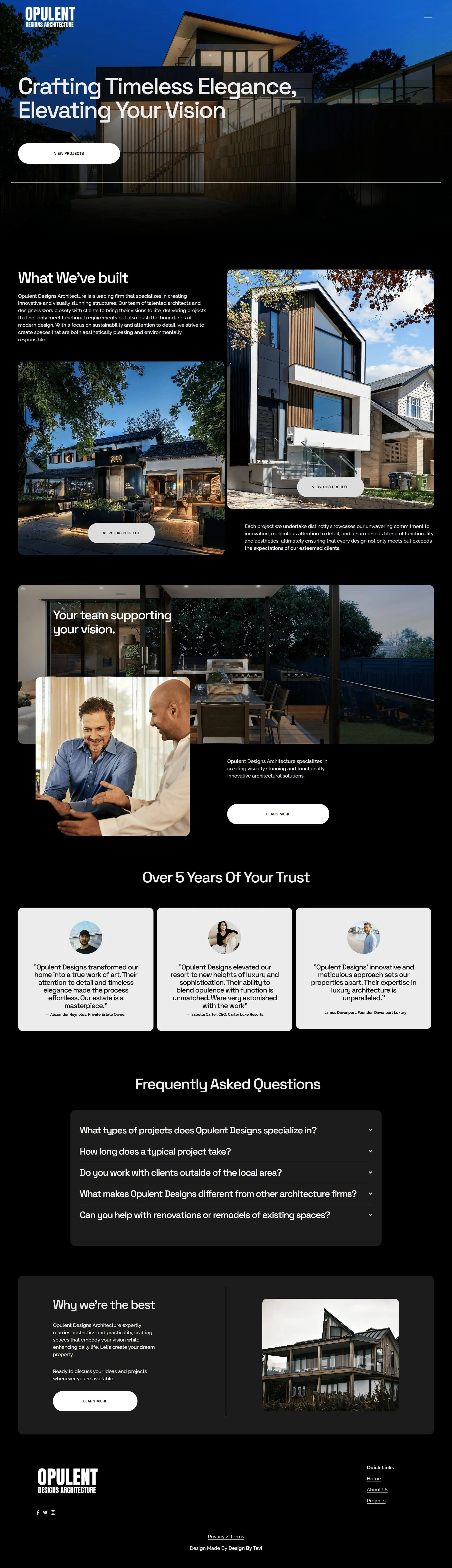 Homepage of Opulent Designs Architecture website showcasing modern residential buildings, team, and client testimonials.
