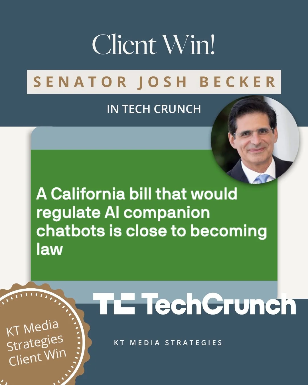 Big week for our clients! 🎉

👏 Congratulations to Senator Josh Becker (@Josh.becker.ca) for being featured in TechCrunch on his work leading California&rsquo;s landmark AI legislation.

👏 And to Leanna (@leanna_hawk) for being featured in the New 