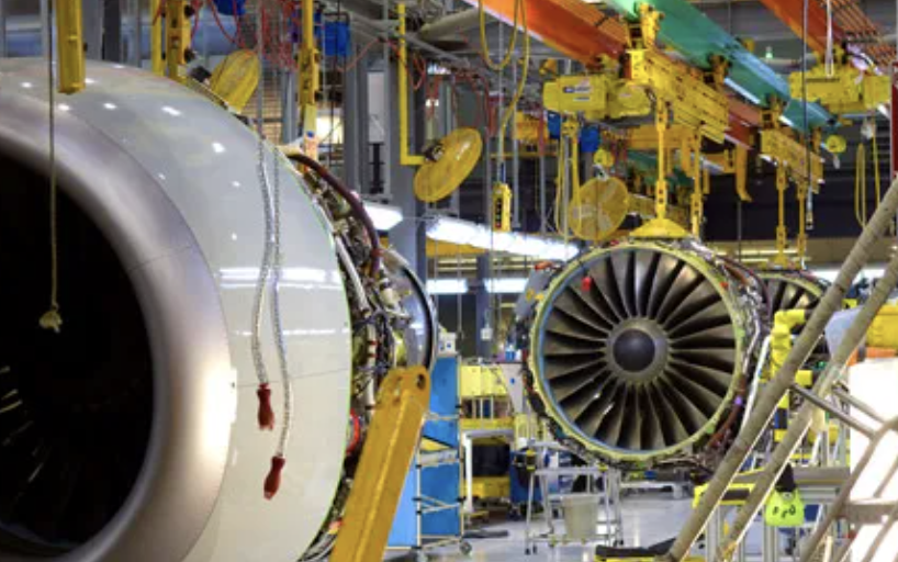 Inside a GE AVIATION factory with engines being built