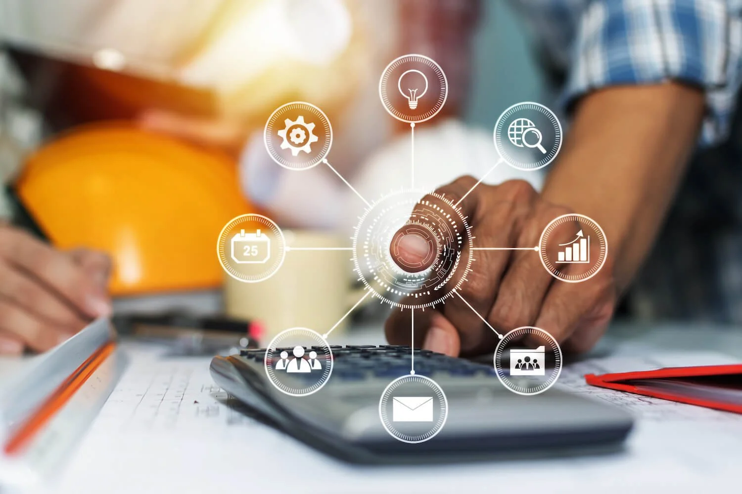 Person using a calculator with a sheet of paper, with a digital overlay of various icons representing data, analytics, communication, research, and planning.