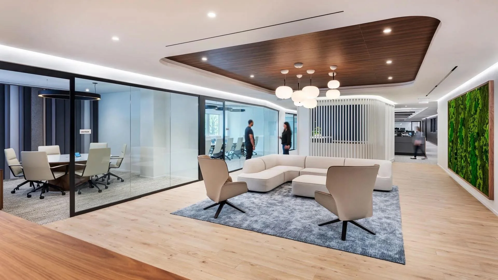Interior of modern Global Investment Office with class and wood
