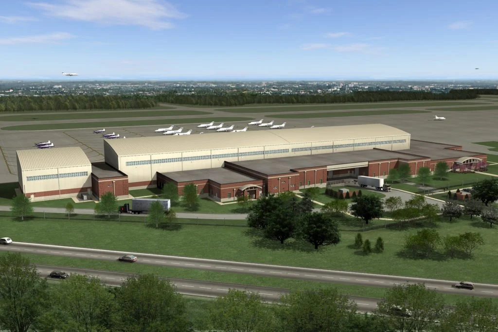 Rendering of a runway, buildings and hangars at an air base
