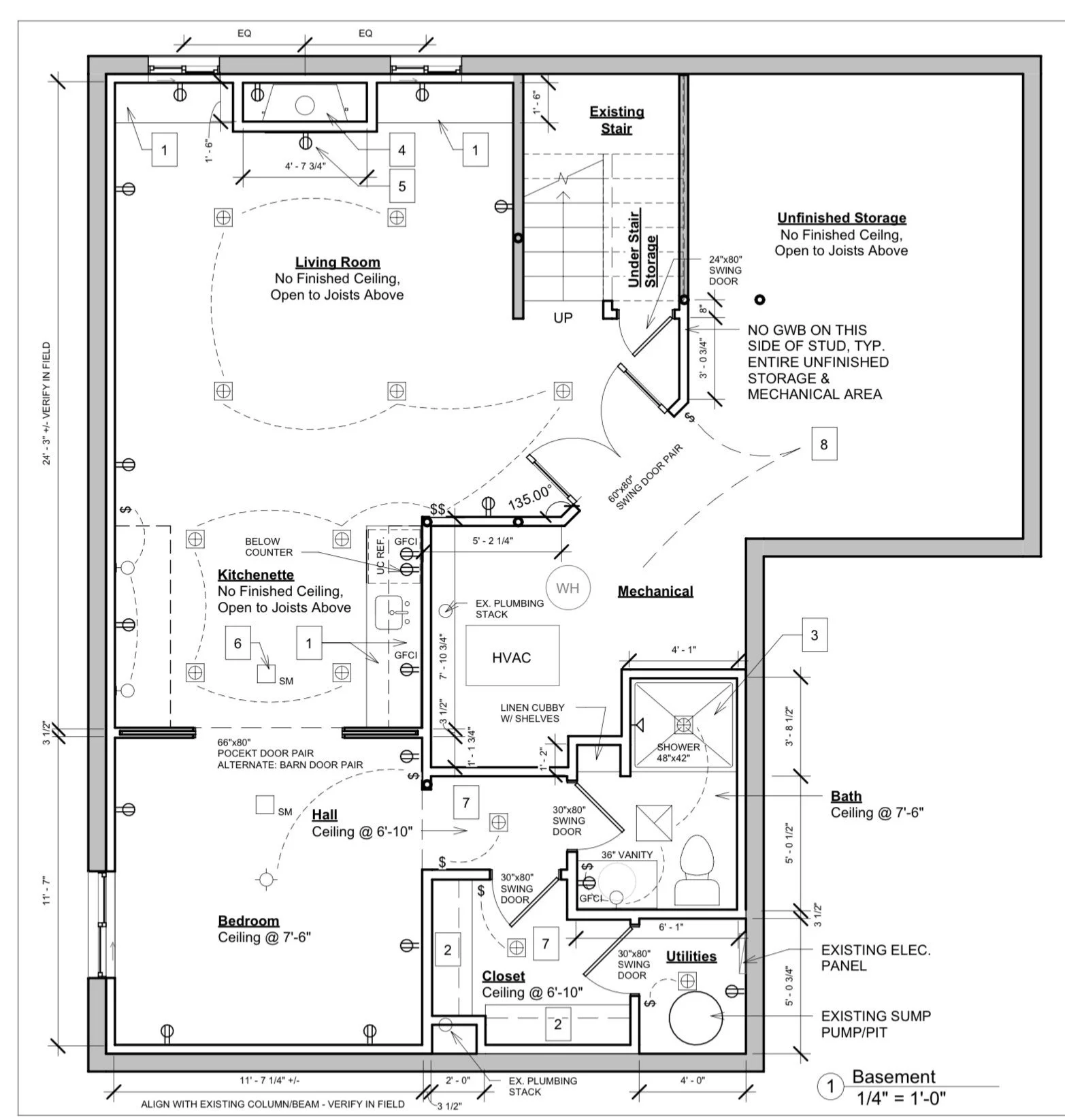 Architectural blueprint of a basement floor plan, showing rooms including a living room, kitchenette, bedroom, closet, bathroom, utility room, mechanical room, and stairs, with detailed measurements and annotations.