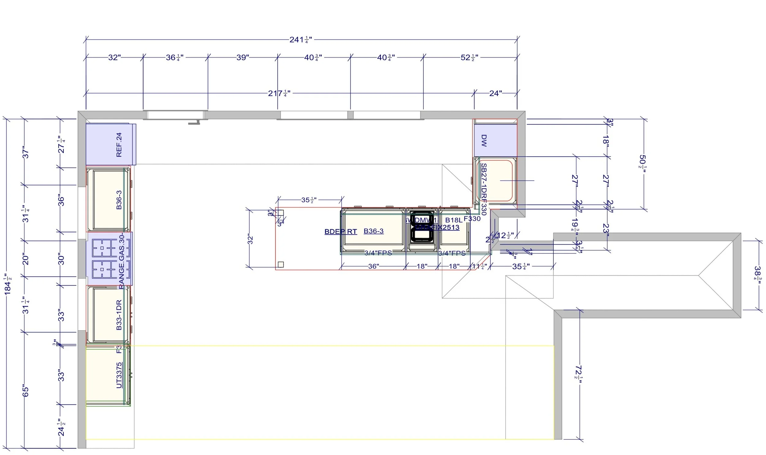 A detailed architectural blueprint of a kitchen layout with measurements, appliances, cabinets, and fixtures.