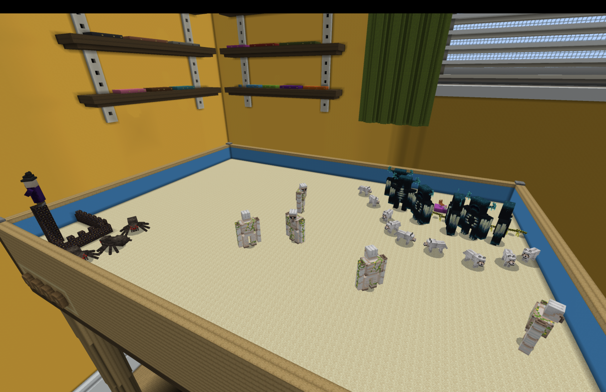 A screenshot of a sandtray scene made in a Minecraft world made by Playmode Academy. The scene shows a rabbit in one corner being protected by large monsters, a witch on a tower in the opposite corner, and monsters, spiders, and wolves in between.