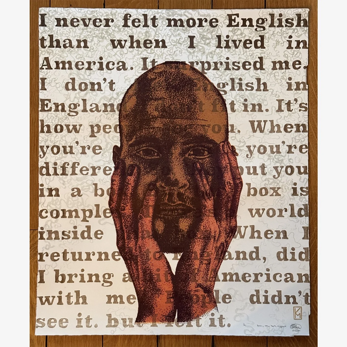 The artwork against a wooden backdrop