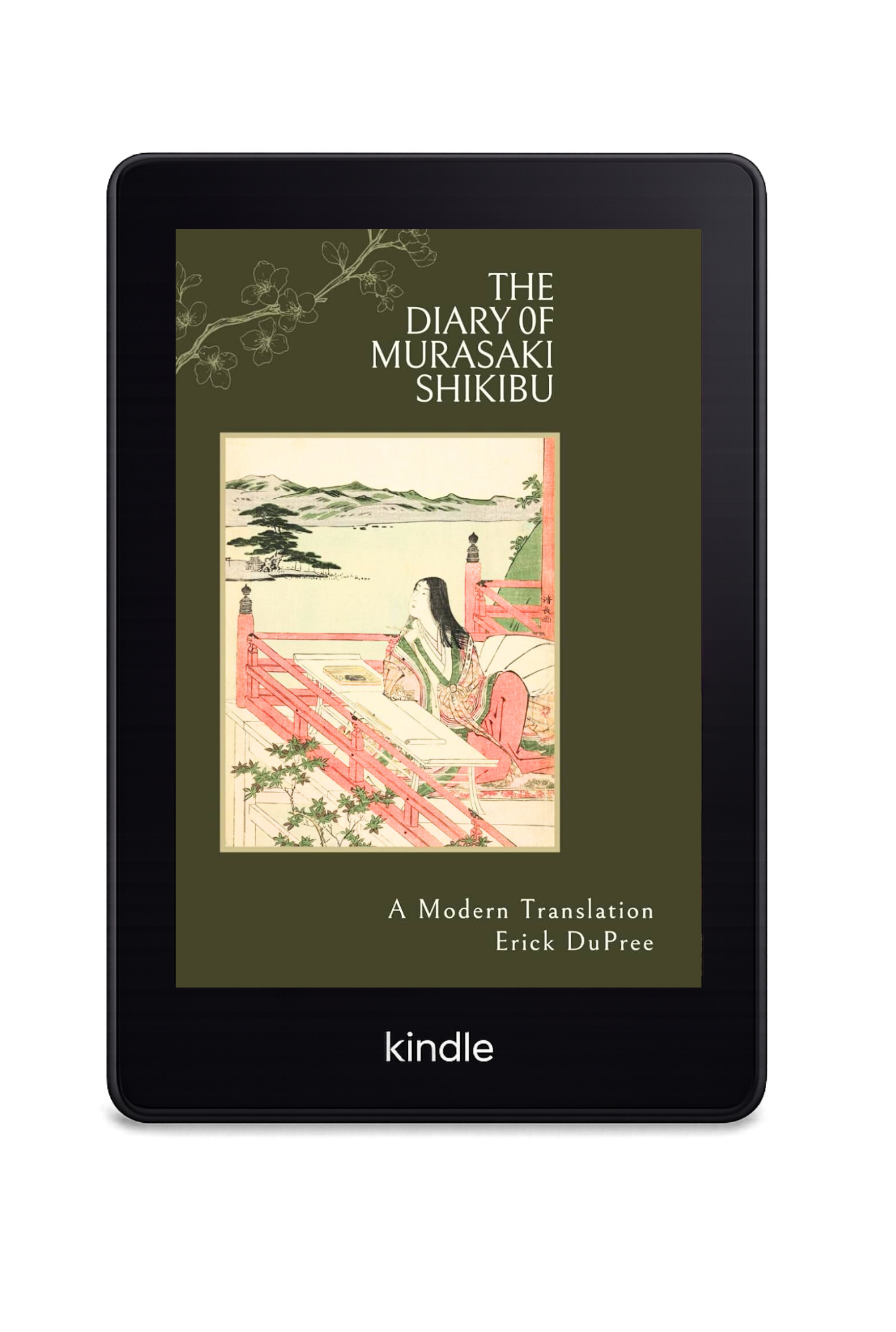 Book cover of "The Diary of Murasaki Shikibu" featuring a traditional Japanese painting of a woman sitting on a veranda overlooking a lake and mountains.