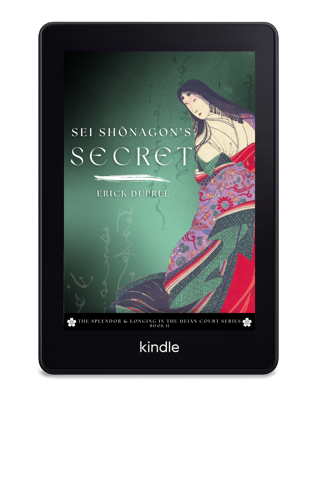 E-ink Kindle e-reader displaying the cover of the book 'Sei Shōnagon's Secret' by Erick DuPree, featuring an illustrated Japanese woman in traditional attire.