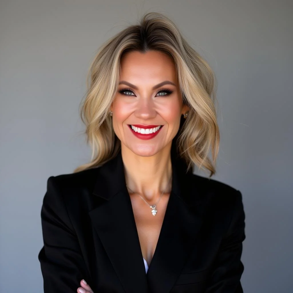A smiling woman with blonde, wavy hair wearing a black blazer and a silver necklace, posing against a gray background.