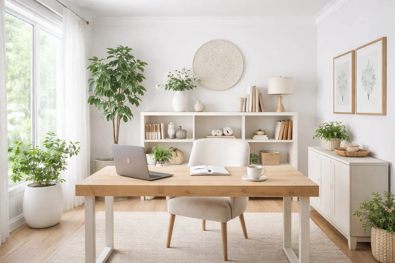 A bright, minimalist home office with white walls, light wood flooring, large window with white curtains, and various green potted plants. A white bookshelf holds decorative items and books, and a wooden desk with a laptop, open notebook, and coffee cup faces a white upholstered chair.