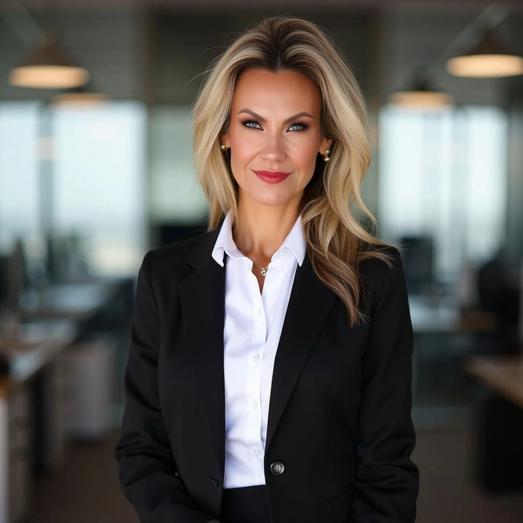 A confident woman with blonde hair styled in loose waves, wearing a black blazer and white collared shirt, standing in a modern office. She is smiling subtly and has a professional appearance.
