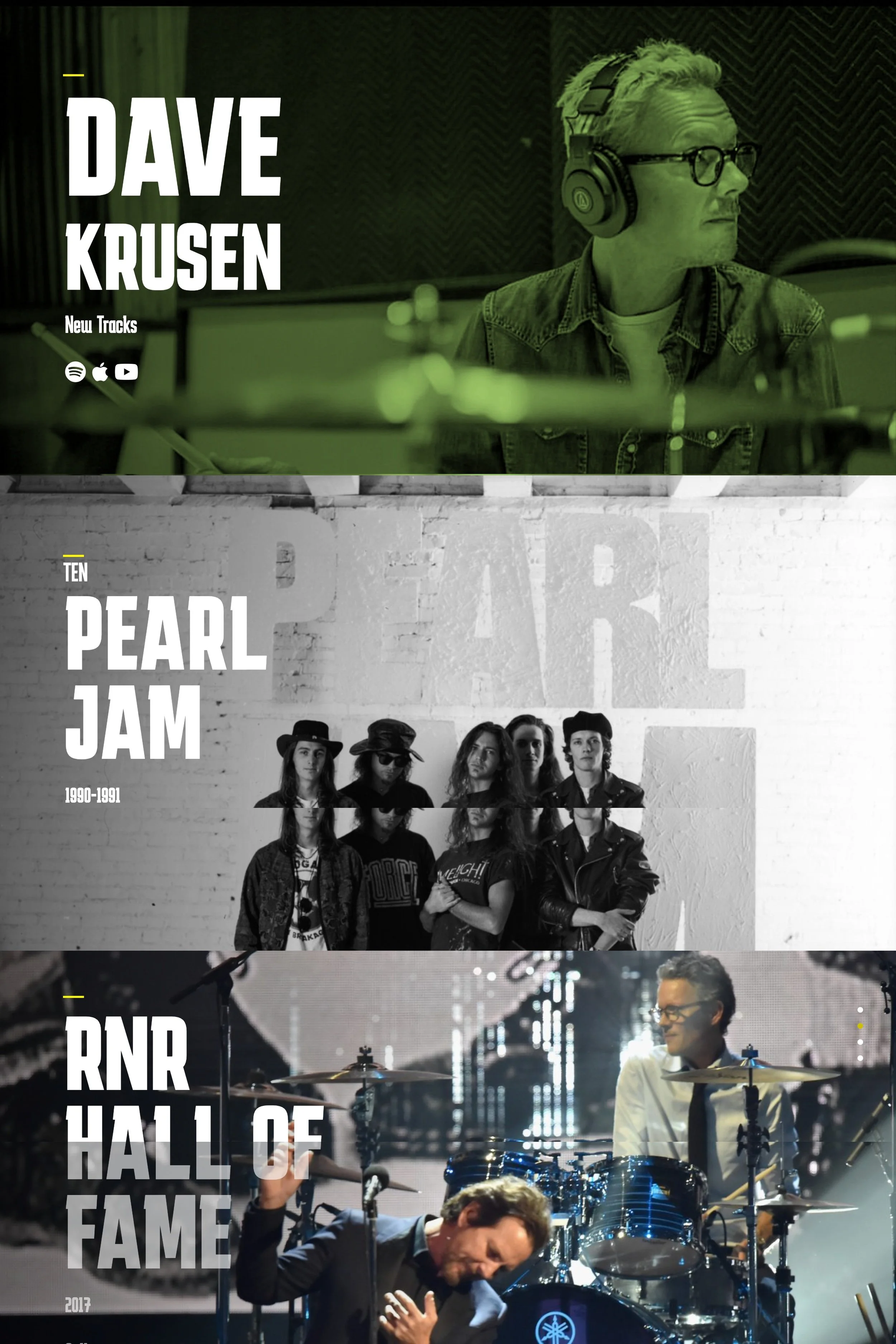 Collage featuring three music-related images: the top with a man in headphones and glasses in a recording studio, the middle with a black and white photo of the band Pearl Jam, and the bottom with a man playing drums in a live performance.