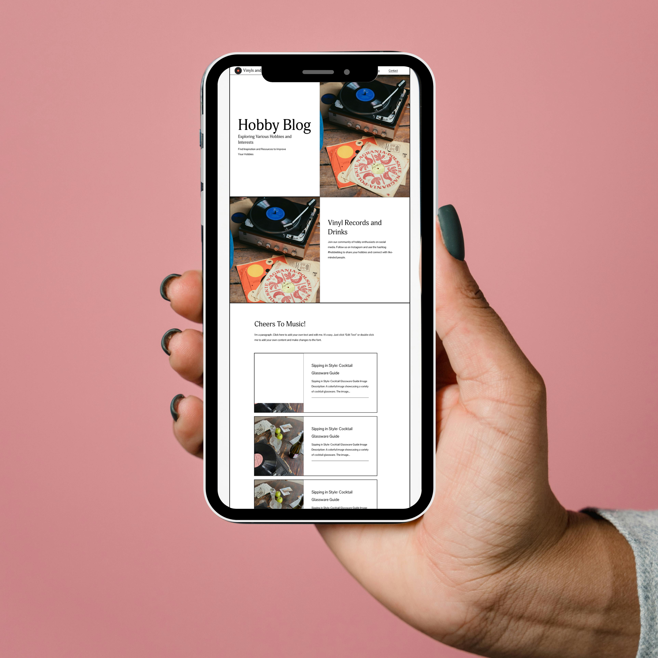 A person holding a smartphone displaying a hobby blog page with images of vinyl records and a turntable, set against a pink background.