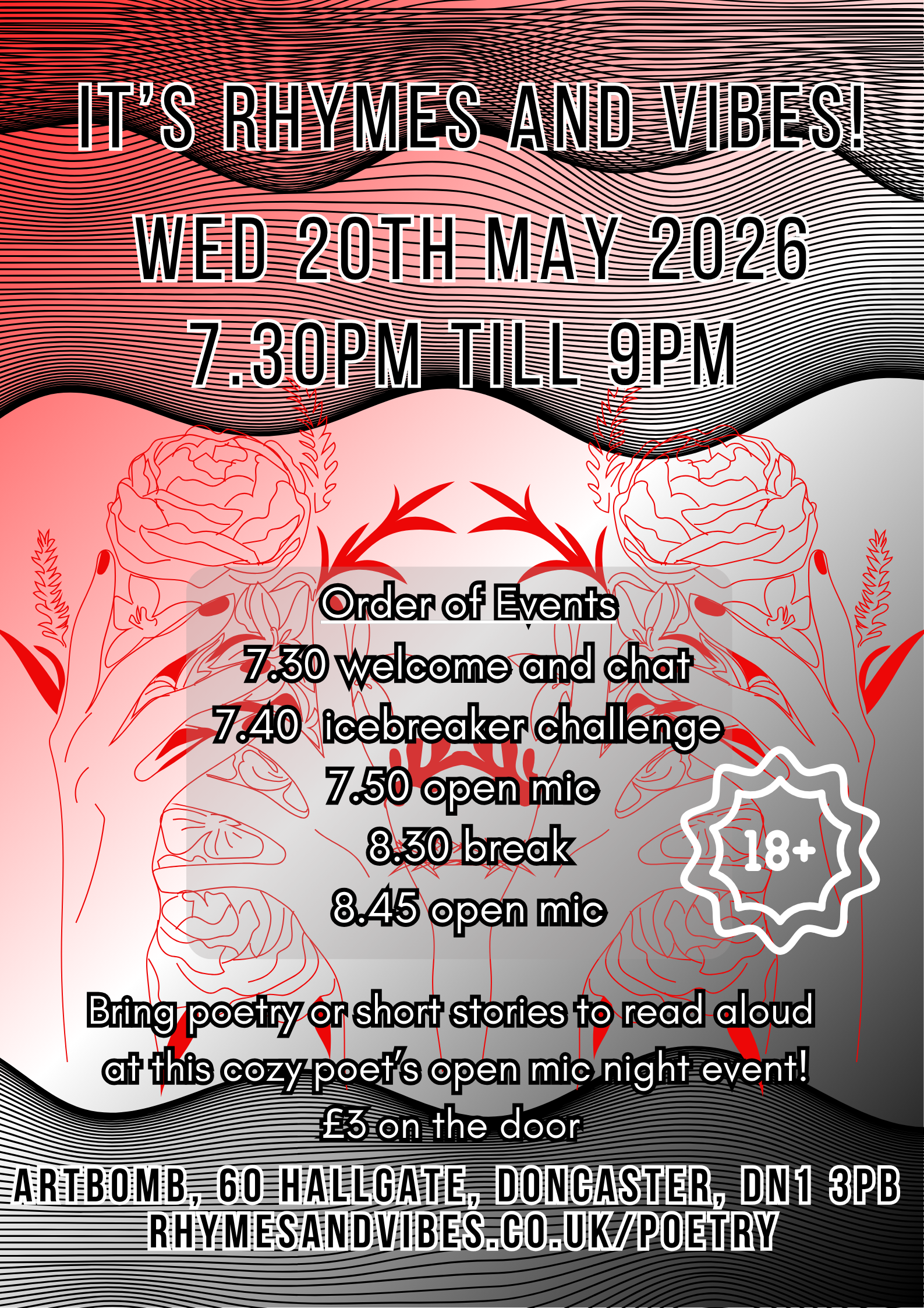 Red black and white poster with text