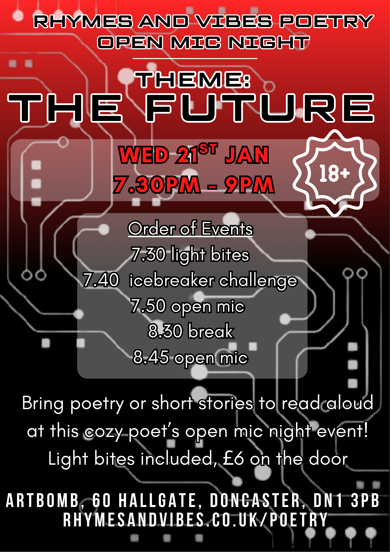 Red and black poster with futuristic text.