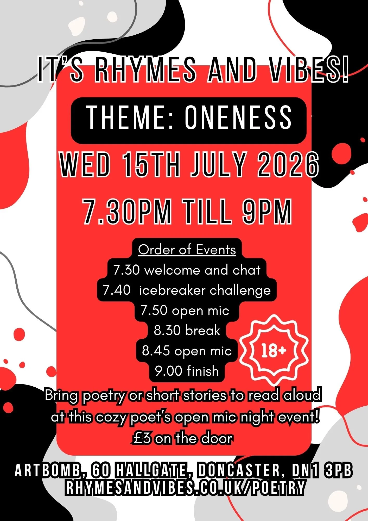 Black, white, grey and red graphic poster with text.