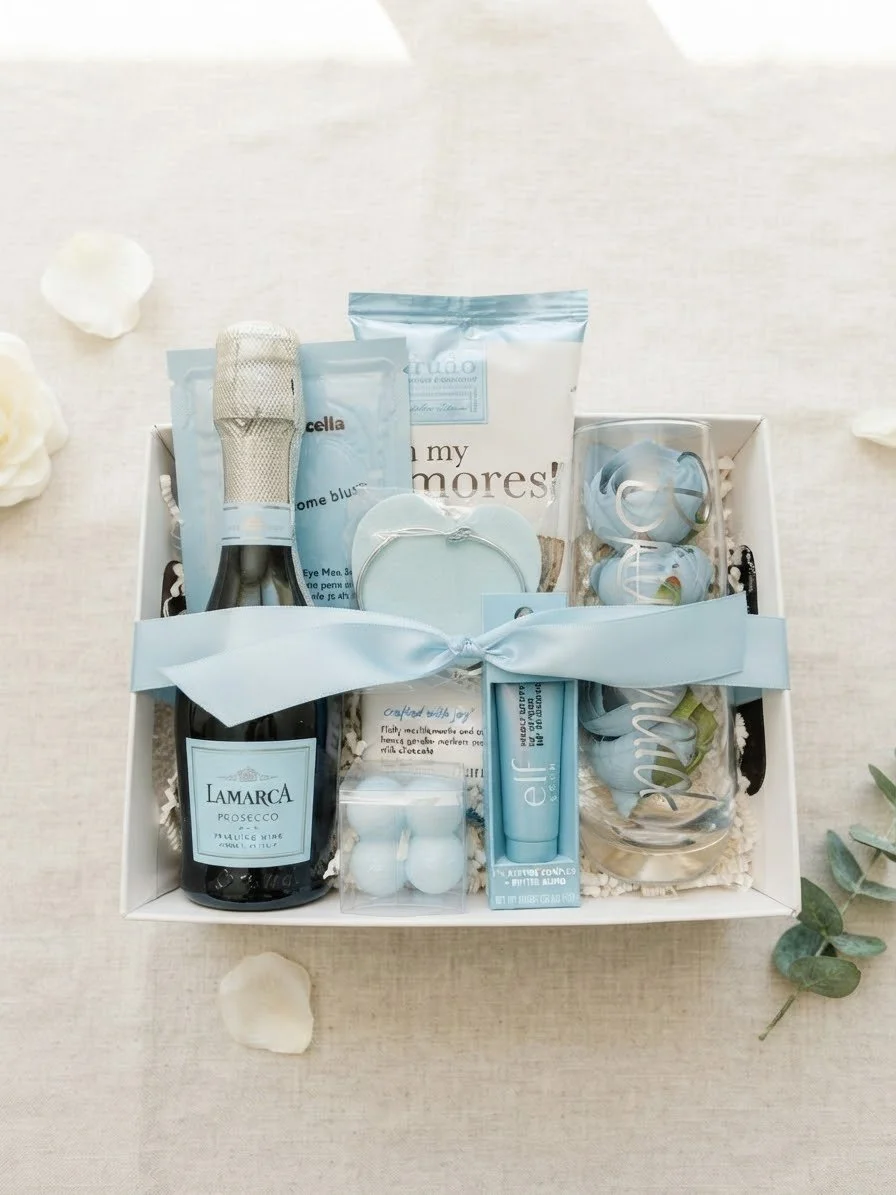 Gift box containing skincare products, a miniature champagne bottle, and decorative items on a white surface with flower petals and eucalyptus leaves. Millholm43 offers custom gift boxes for all occations.