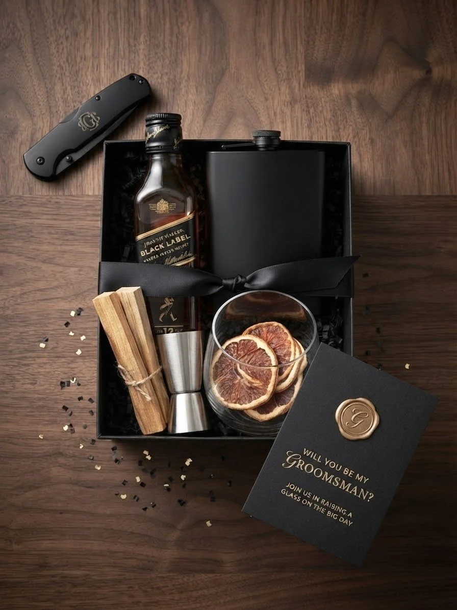 Groom's gift box containing a whiskey bottle, a glass with dried citrus slices, cinnamon sticks, a black notebook, and a black card with gold text asking 'Will you be my groomsman?' all set on a wooden surface. Millholm43 offers custom gift boxes.