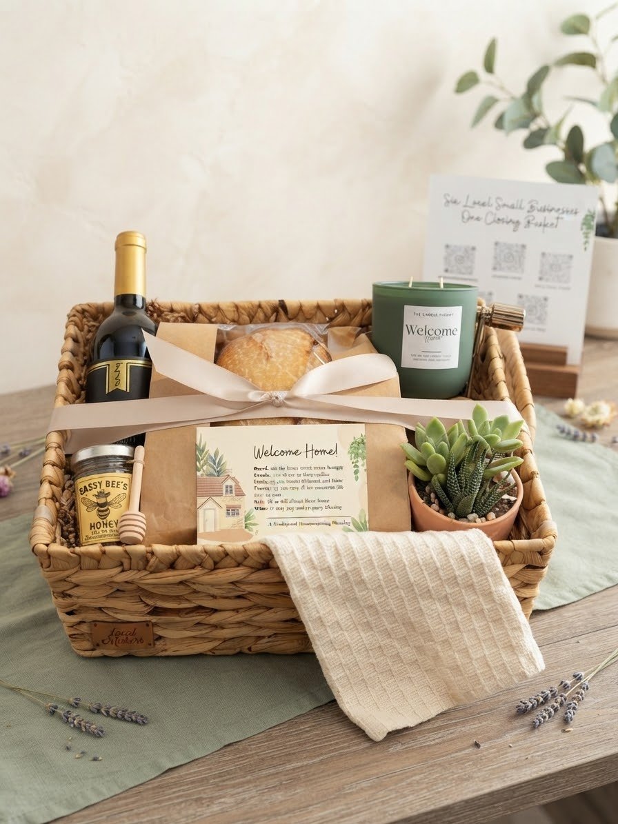 A gift basket containing a bottle of wine, a loaf of bread, a jar of honey, a green candle, and a potted succulent, with a welcome home card inside. Millholm43 offers closing gifts for realtors.