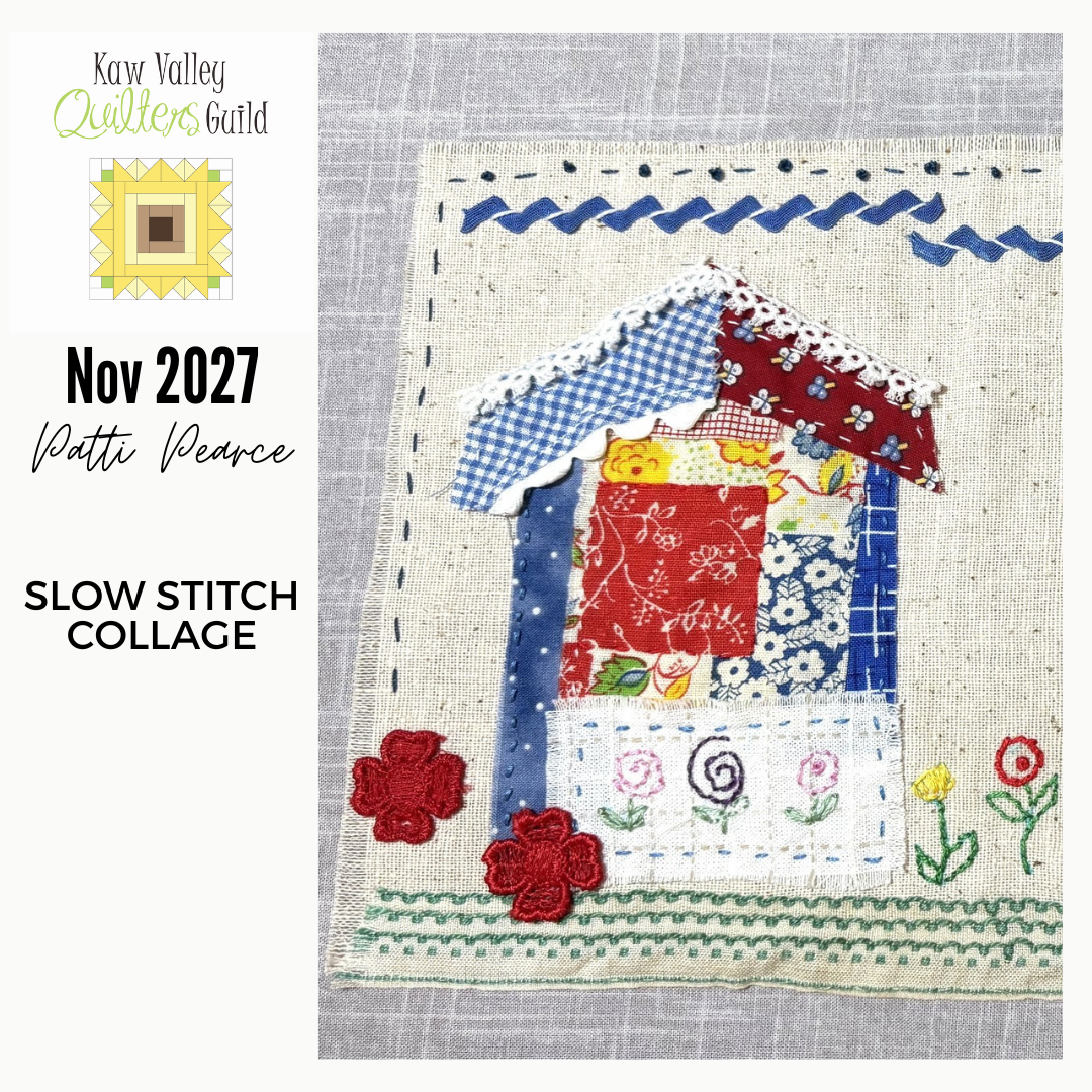 Hand-stitched fabric collage of a house