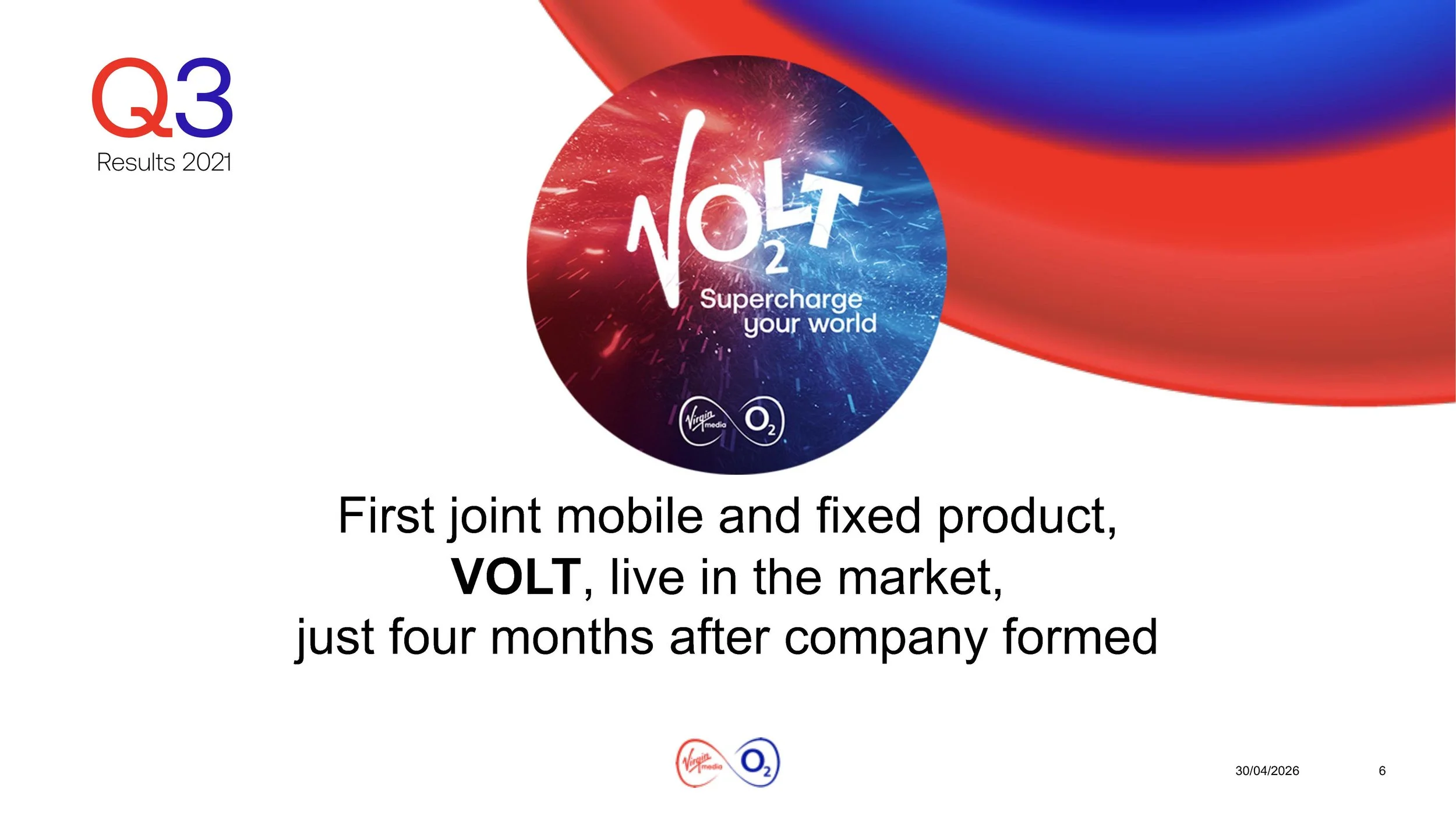 Q3 Results 2021 logo with a red and blue design and scientific theme background. Additional text mentions a new joint mobile and fixed product called VOLT, launched four months after the company's formation.