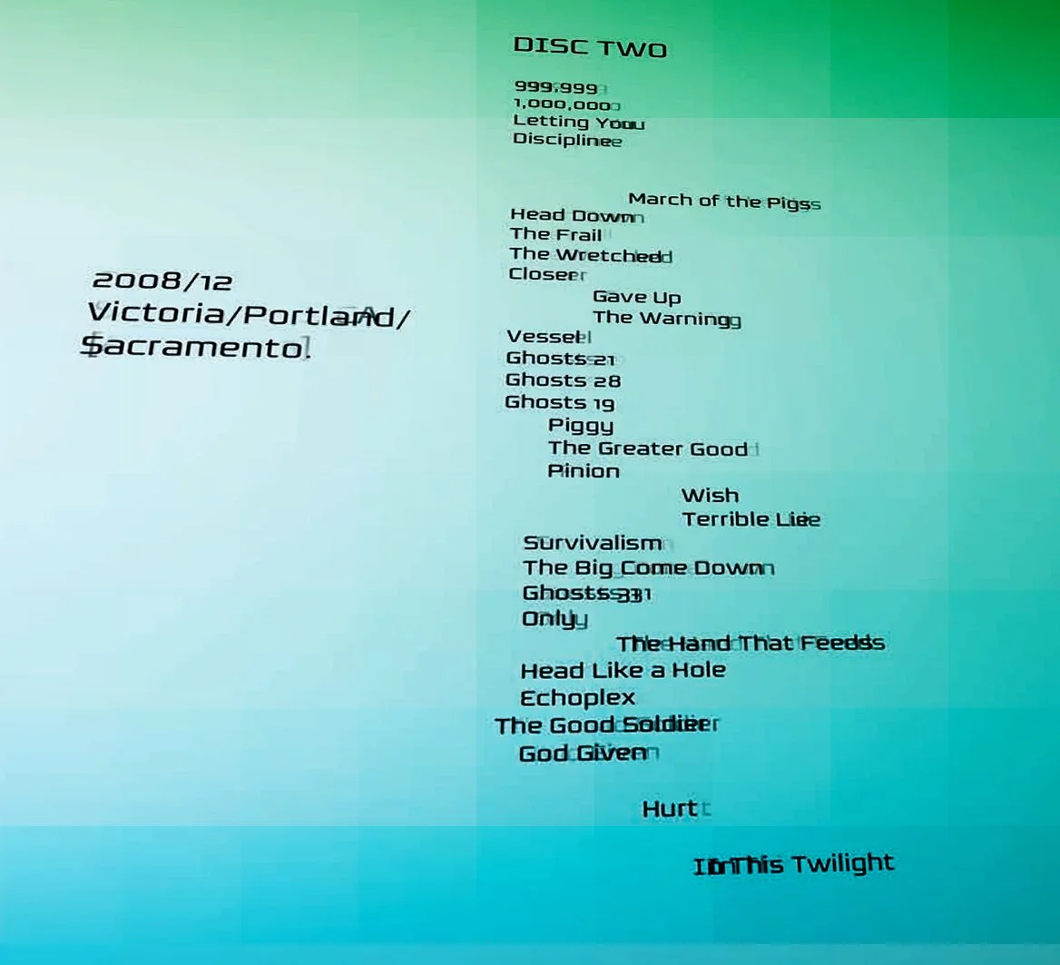 A list of music albums and track titles, including 'Disc Two,' released in 2008 in Victoria, Portland, Sacramento. The background features a gradient from light to darker shades of green and blue.