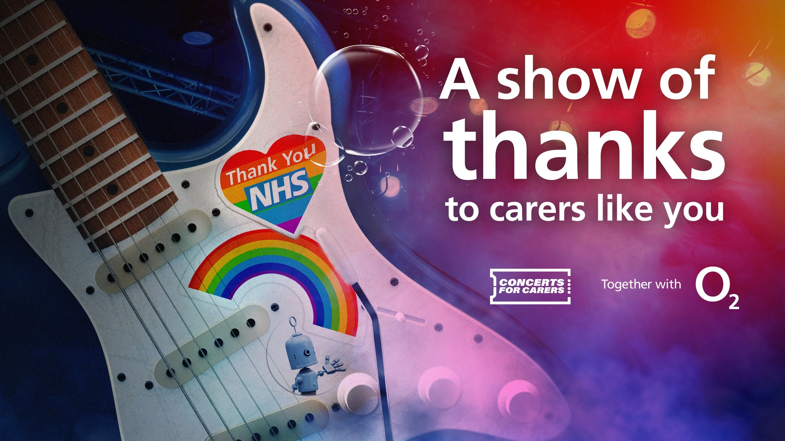 A colorful electric guitar with rainbow stickers, a 'Thank You NHS' heart sticker, and a small robot figure on the body. The background is red and purple with light bokeh. Overlay text reads 'A show of thanks to carers like you', along with the logos of 'Concerts for Carers' and 'O2'.