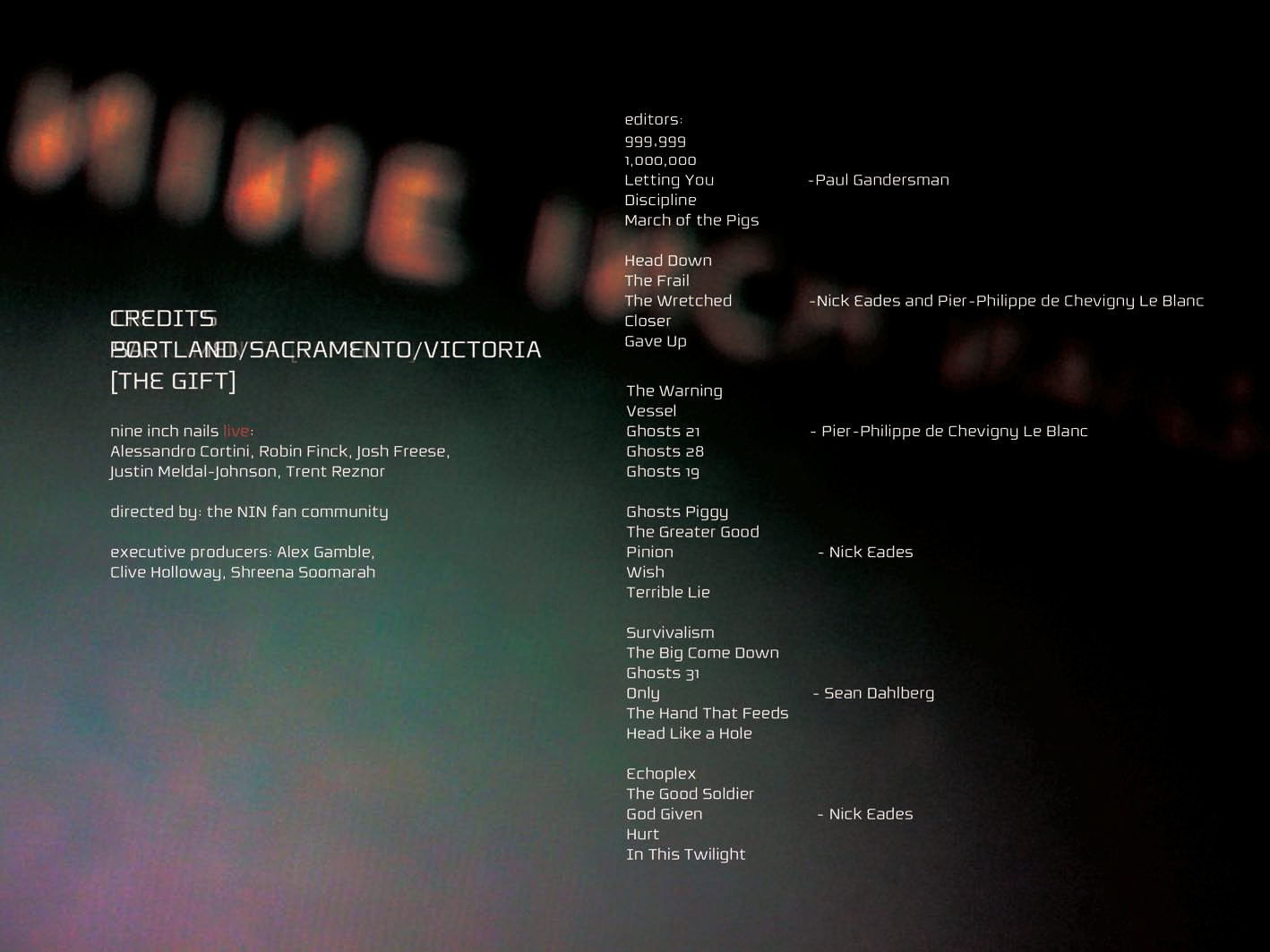 Text listing credits and acknowledgments for a music event, featuring names of performers, producers, and contributors, with some song titles and associated artists.