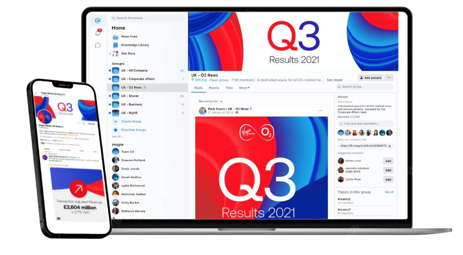 A laptop and smartphone display the Q3 2021 Results for Virgin Media O2, with the laptop showing a Facebook group page and the smartphone showing a financial summary with revenue figures.