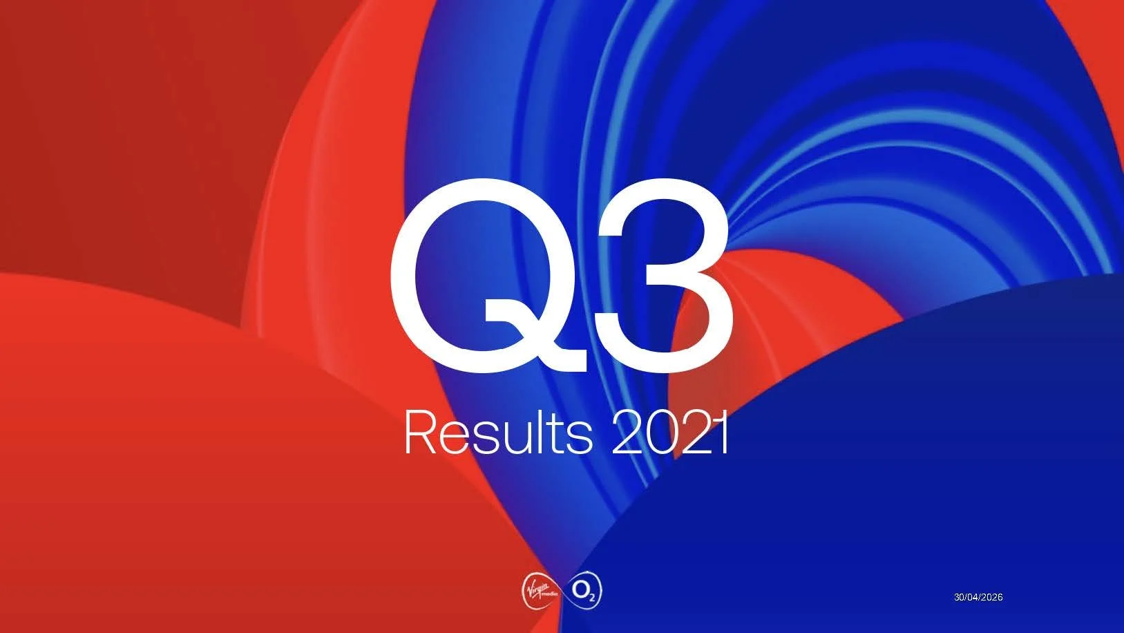 Graphic showing the Q3 Results 2021, with a background of red and blue swirls and the Virgin Media O2 logo at the bottom.