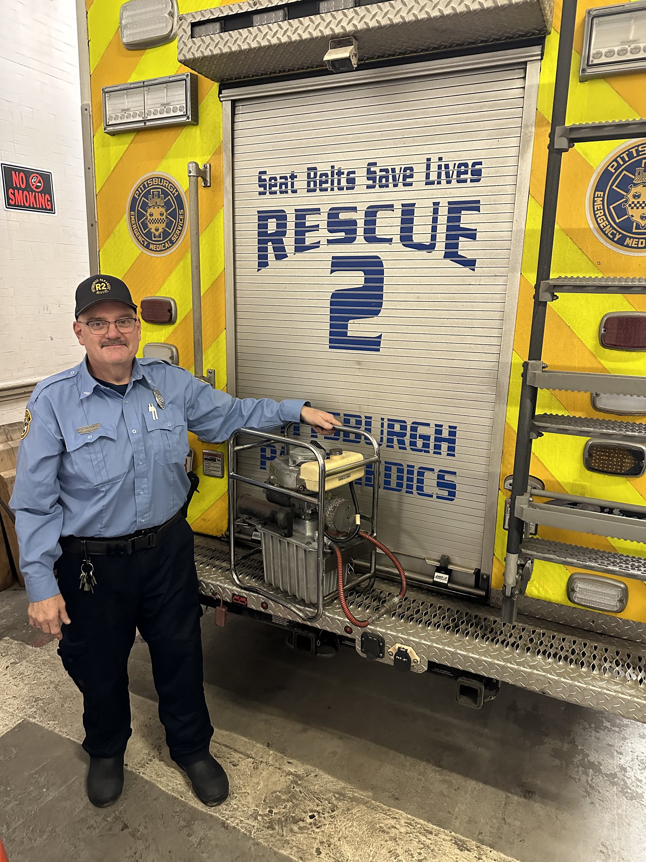 Paramedic Dave Naples (retired) at Rescue 2 with an old hurst tool