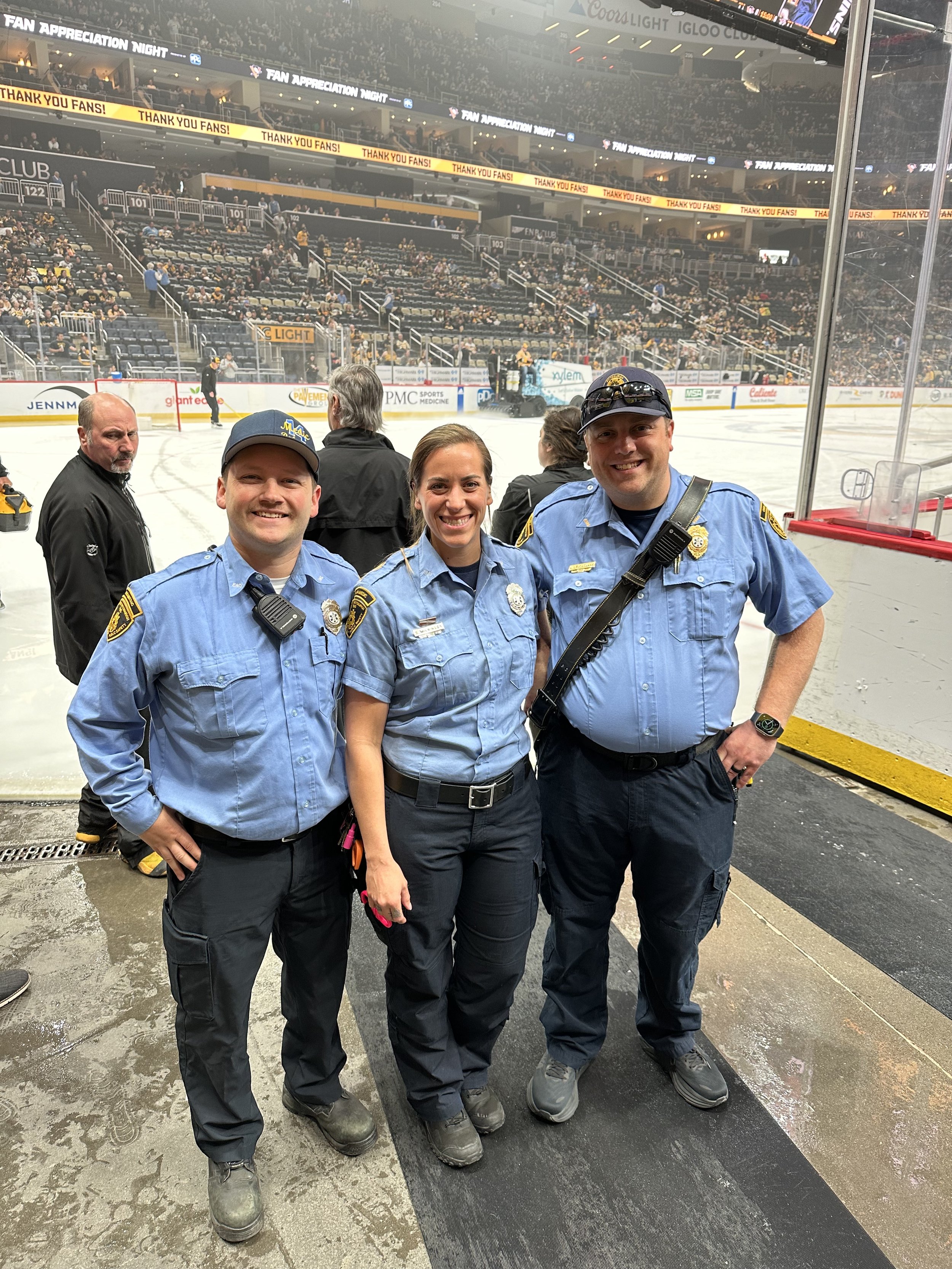 Paramedic Blystone, Paramedic Wilkinson and Paramedic Crew Chief Studebaker working the ice for a Penguins Game