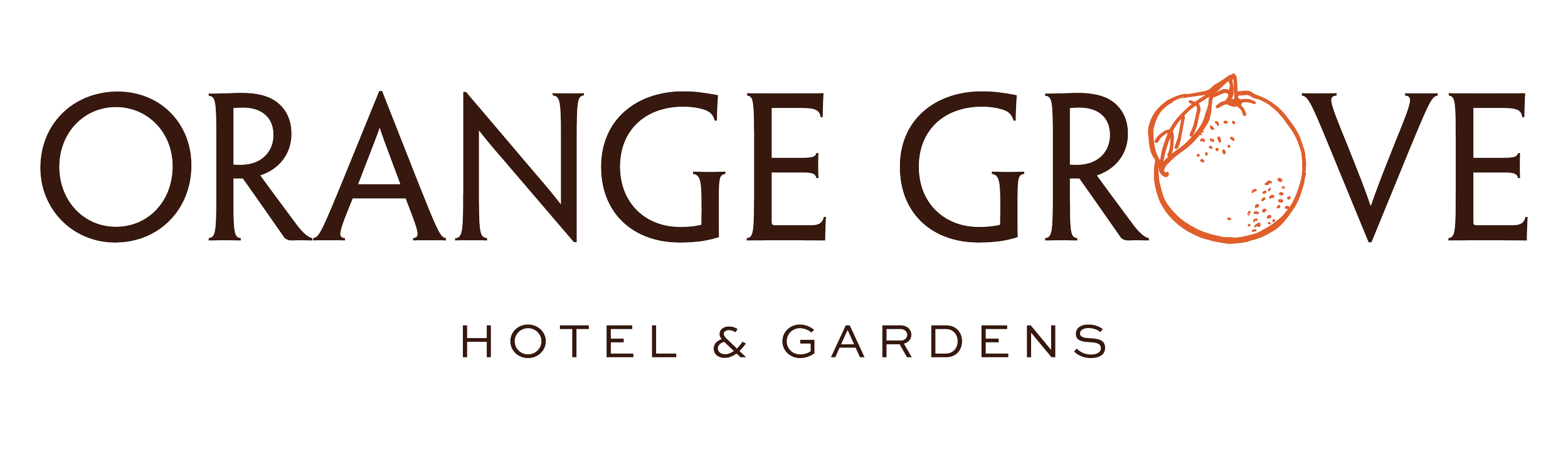 Logo for Orange Grove Hotel & Gardens featuring the words 'Orange Grove' in large brown letters with a stylized orange fruit, and 'Hotel & Gardens' below in smaller brown letters.