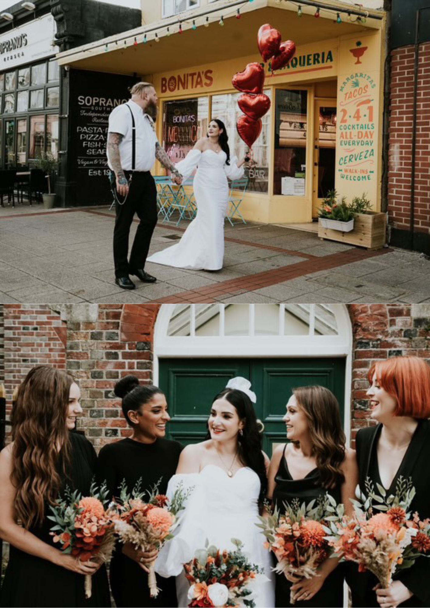 First image shows a couple dressed in wedding attire holding red heart-shaped balloons outside a restaurant called Bonita's Taqueria, holding hands and looking at each other. Second image depicts a bride in her wedding dress surrounded by four women 