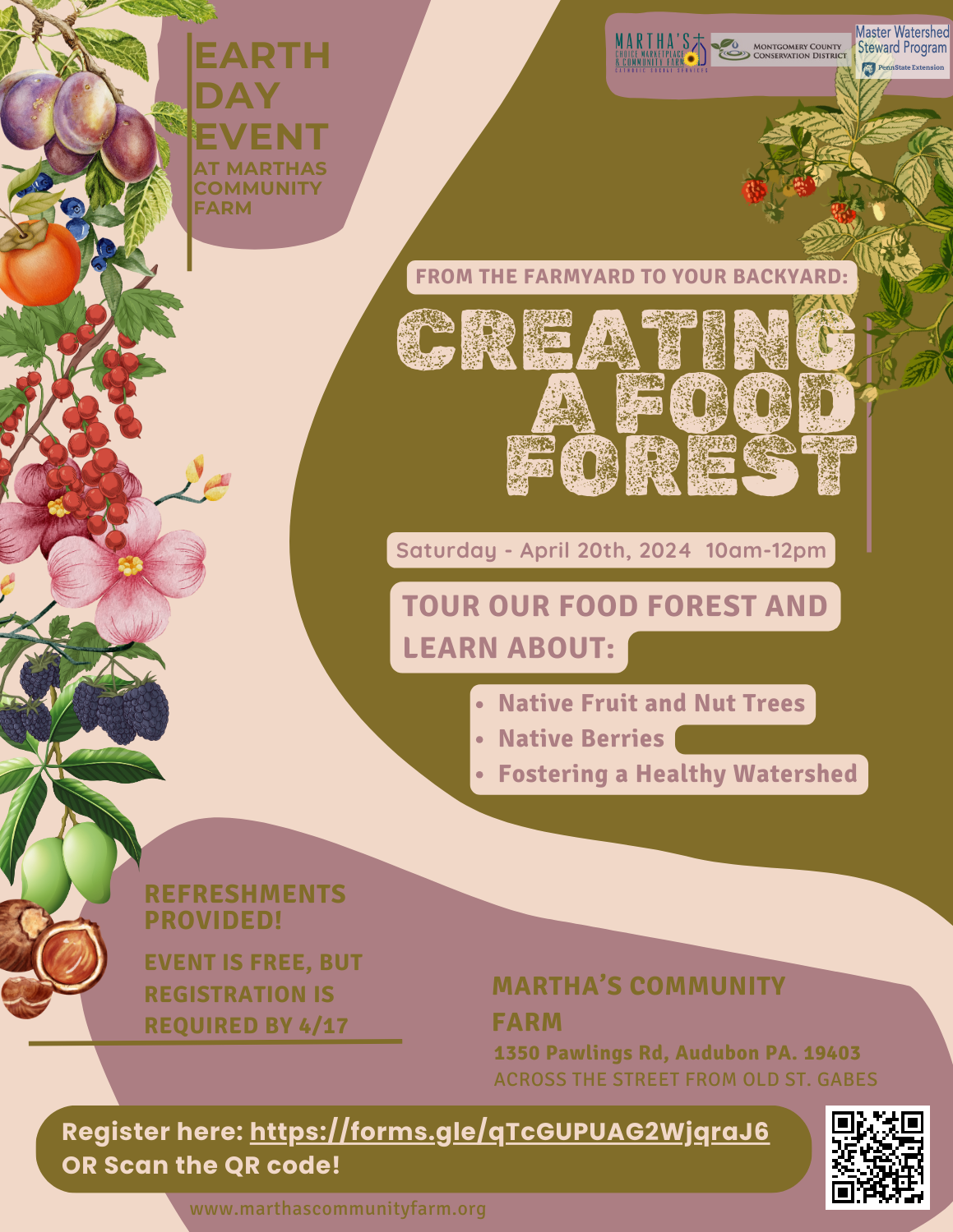 Earth Day event flyer for "Creating a Food Forest" at Martha's Community Farm on April 20, 2024, from 10am-12pm, featuring information about native fruit and nut trees, native berries, and a healthy watershed. Registration required by April 17. Inclu