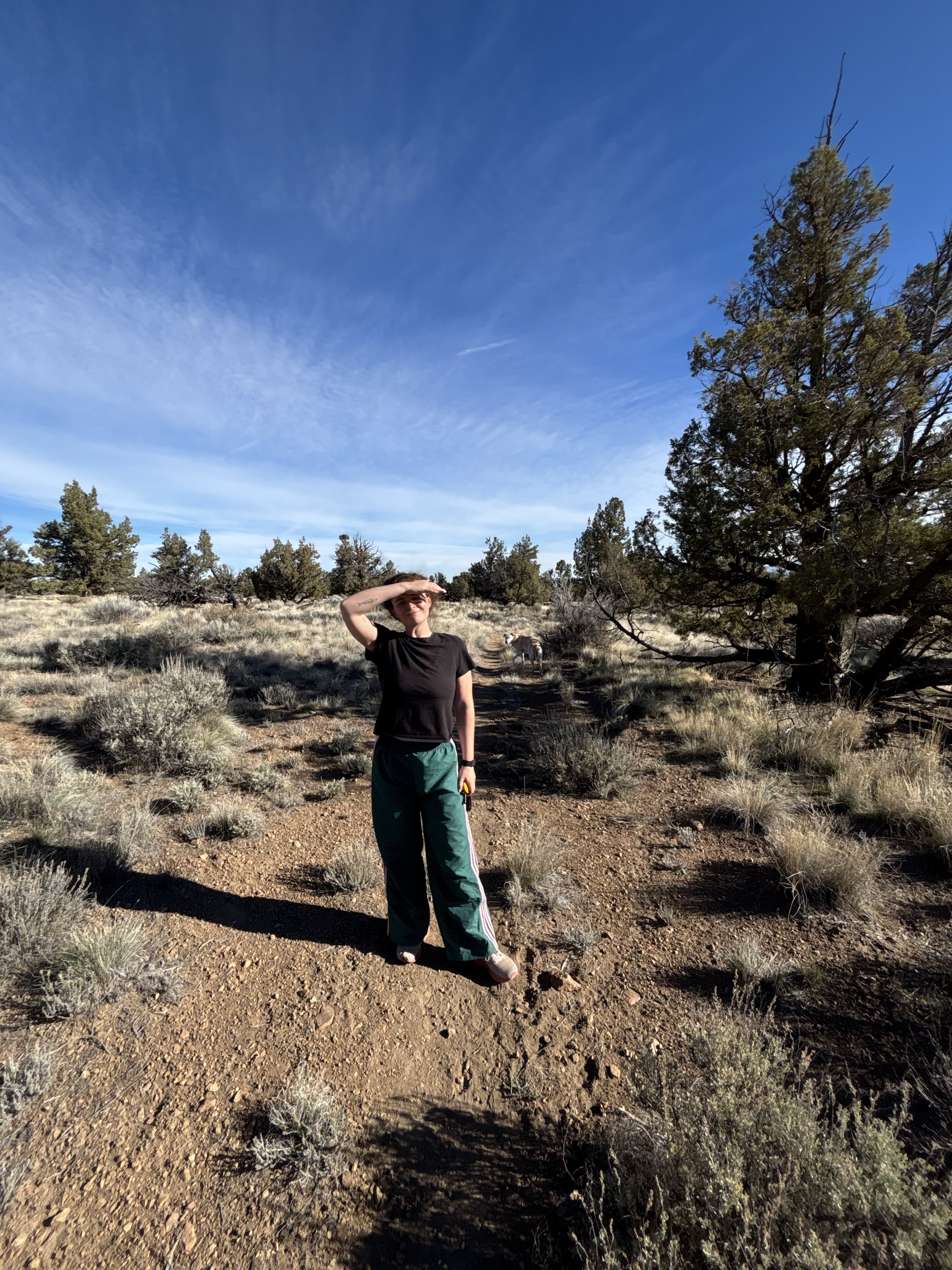A young woman standing outdoors in a desert landscape with sagebrush and trees, shielding her eyes from the sun, with a clear blue sky overhead and a horse in the background.