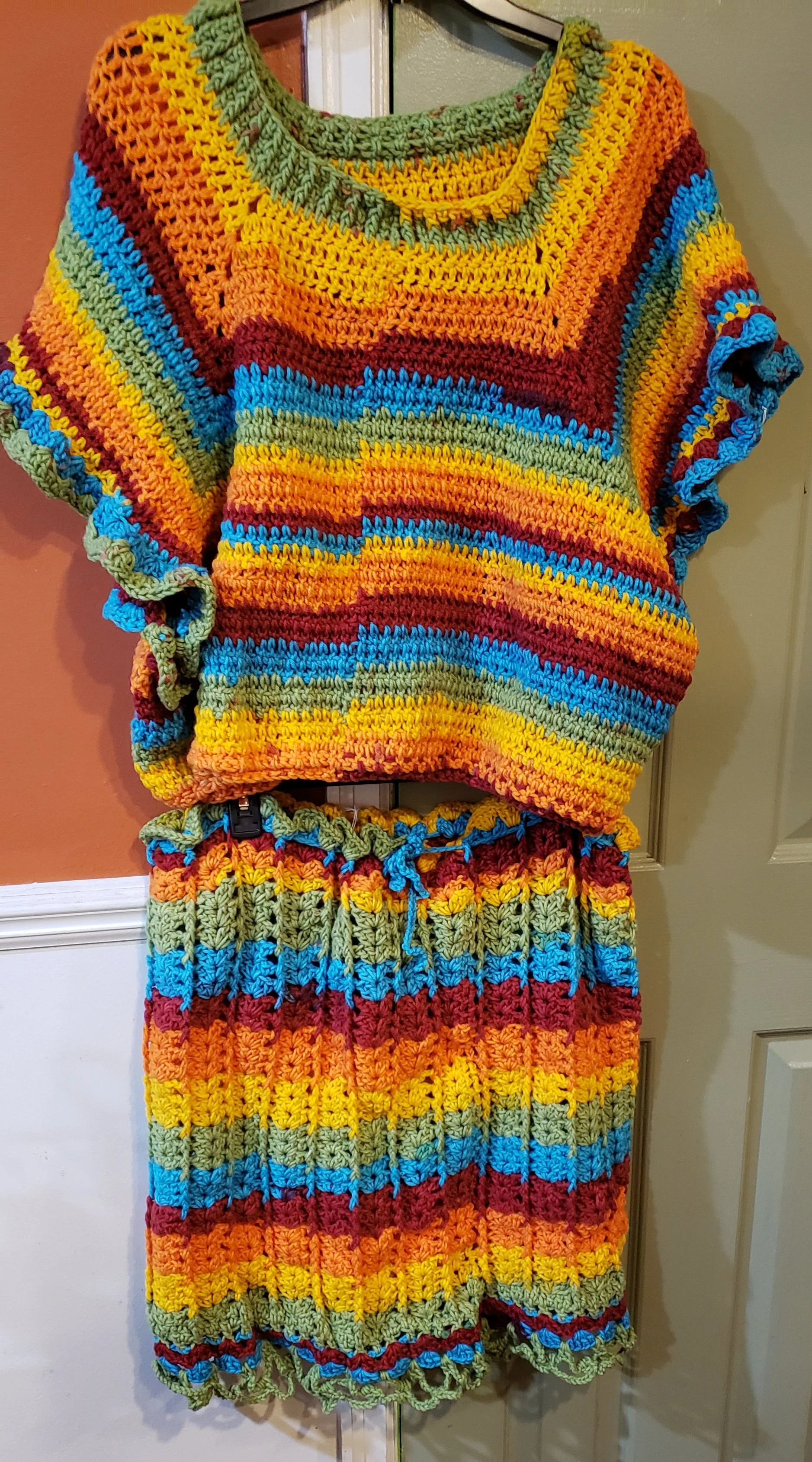 Handmade Multi-Color Crochet Top/ Bottom Shirt Set