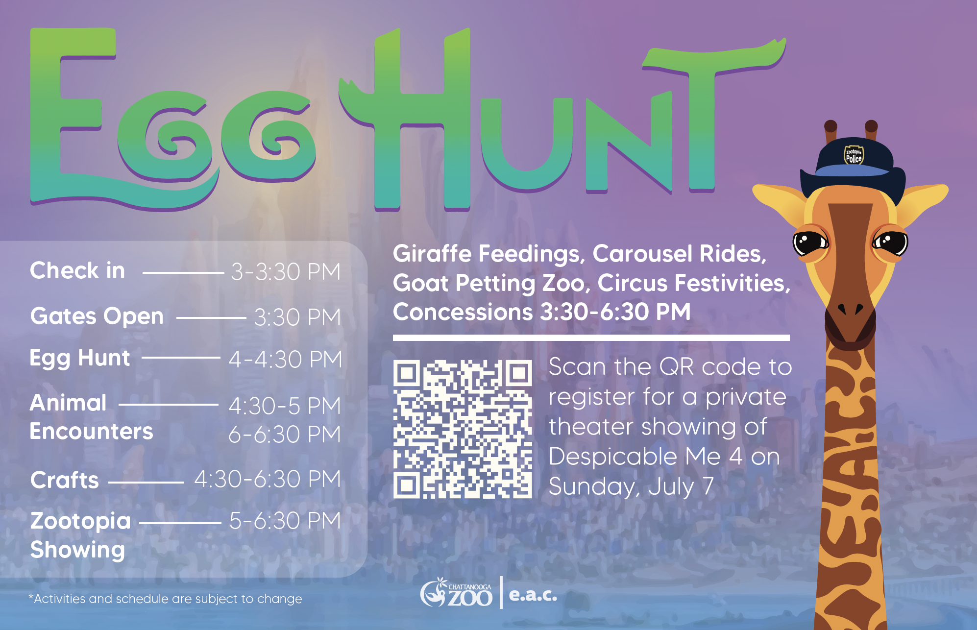 Volkswagen Internal Event Graphic Designer Design Challenge: I was tasked to make an event informational map for Volkswagen employees. The event was a Zootopia theme egg hunt at the Chattanooga Zoo. The giraffe was a required given asset. The front t