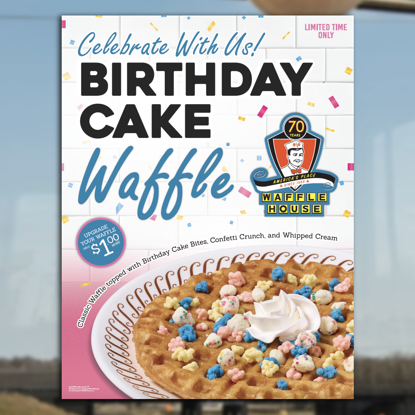 Birthday Cake Waffle 36x48in Window Cling to advertise the limited time Birthday Cake Waffle