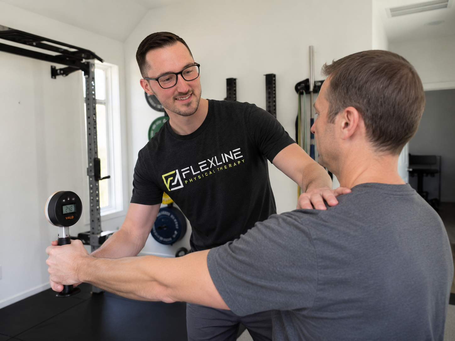 Physical therapist assessing shoulder strength and movement to find the cause of pain in an active adult