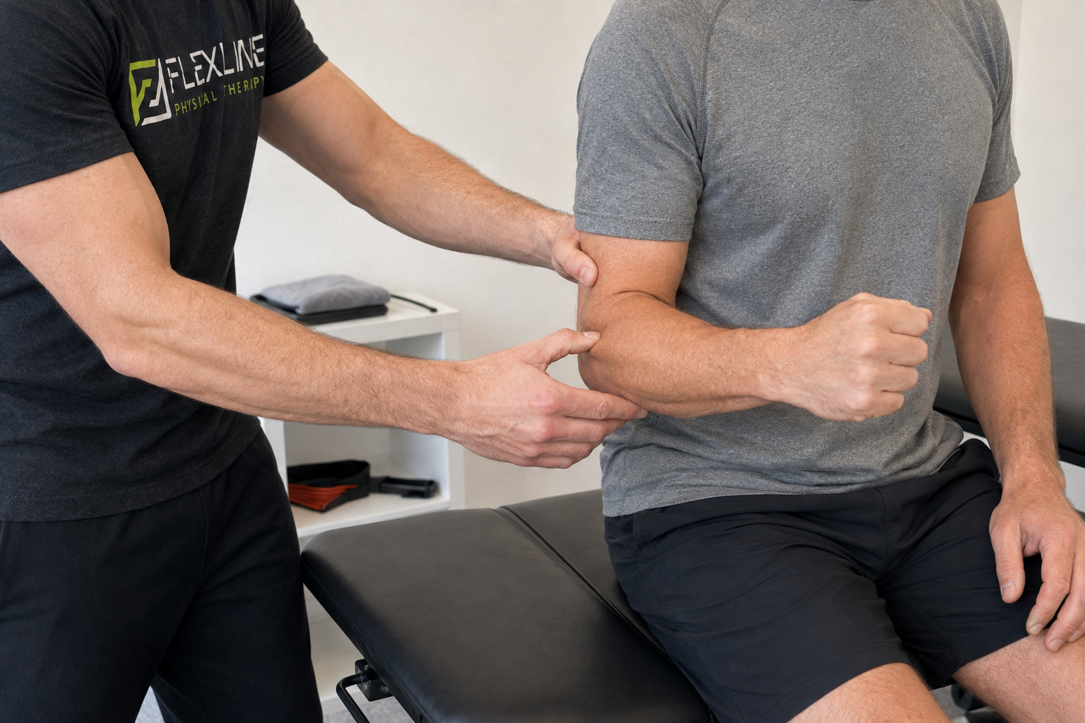 Physical therapist testing rotator cuff strength to help tell a tendinopathy from a possible tear