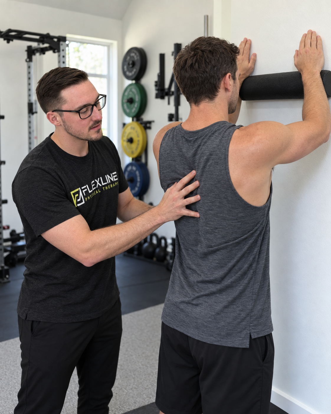 Physical therapist reassessing a patient's shoulder blade and upper back mobility to find what is keeping long-standing shoulder pain from resolving