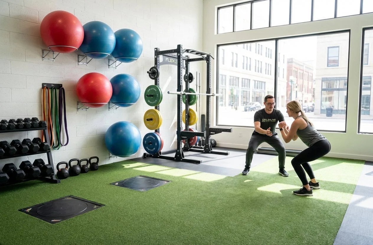 Physical therapist working one-on-one with an active adult to build strength and get back to sport without pain
