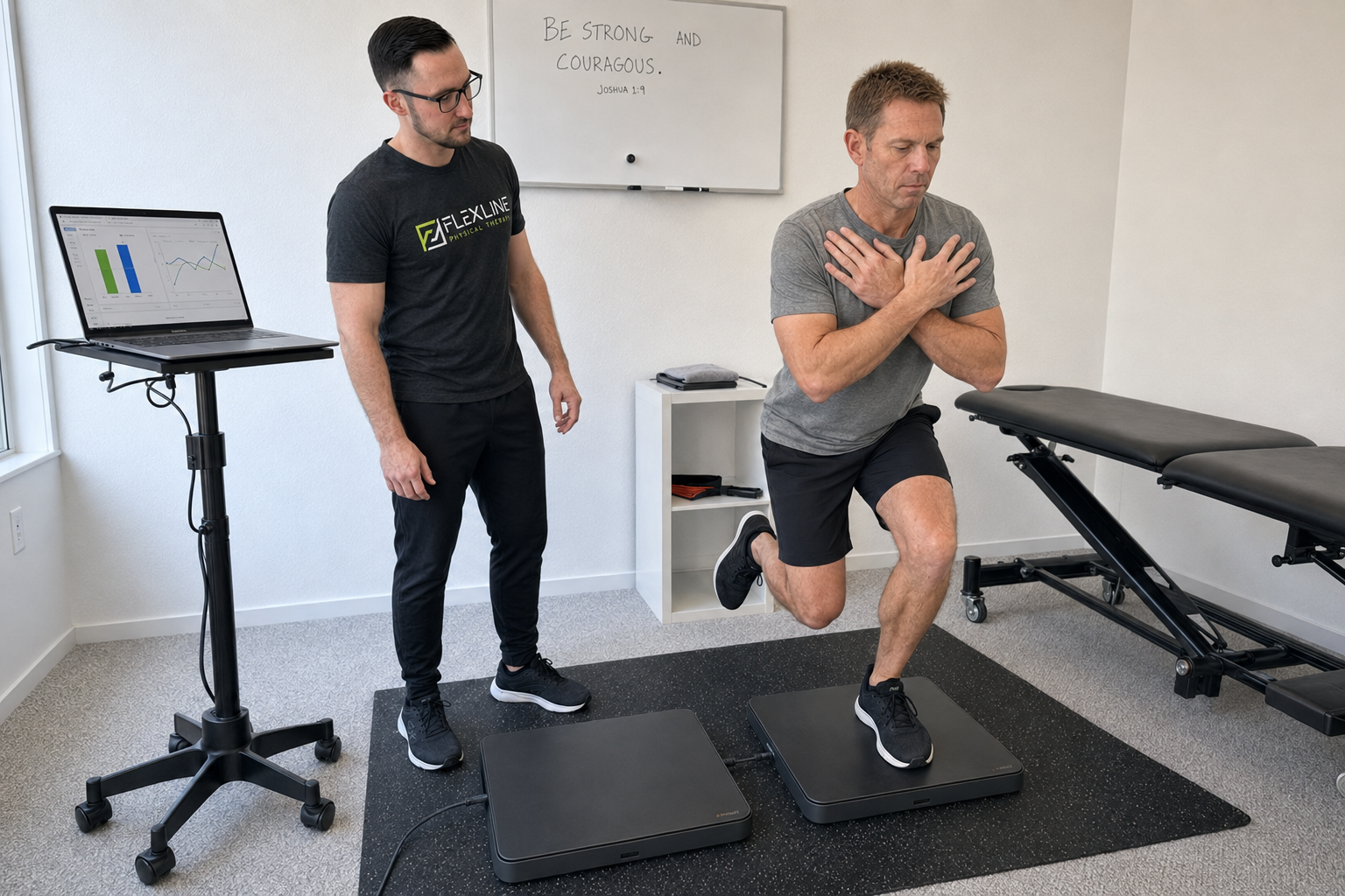 Physical therapist testing leg strength and symmetry to track ACL recovery progress in League City