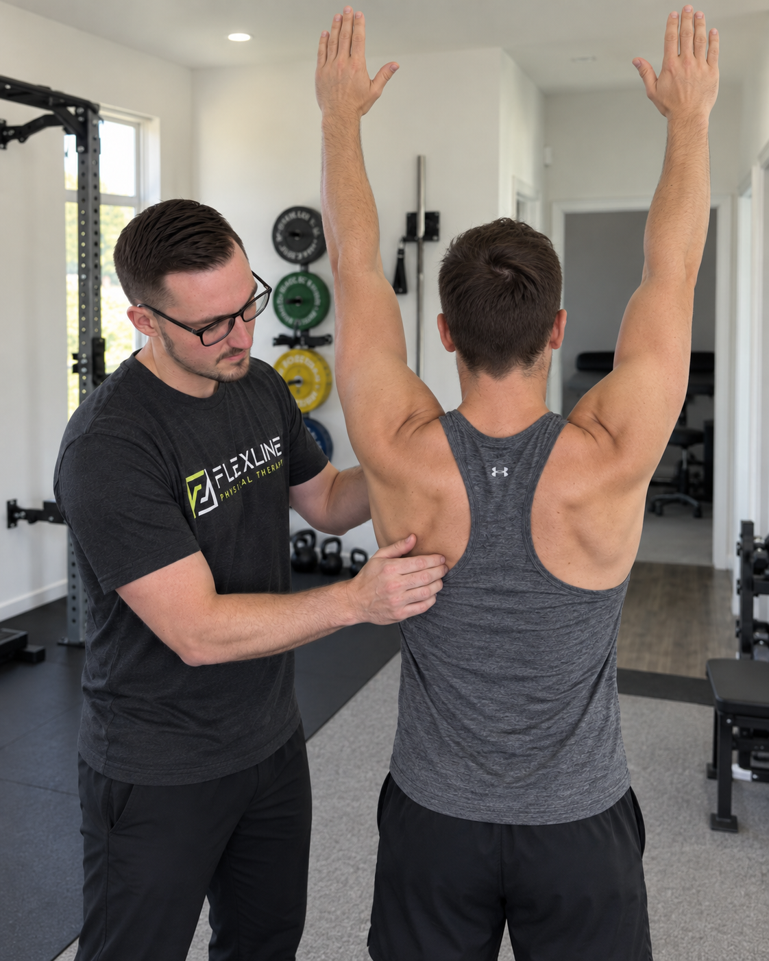 Physical therapist assessing shoulder blade movement to determine the cause of shoulder clicking or popping