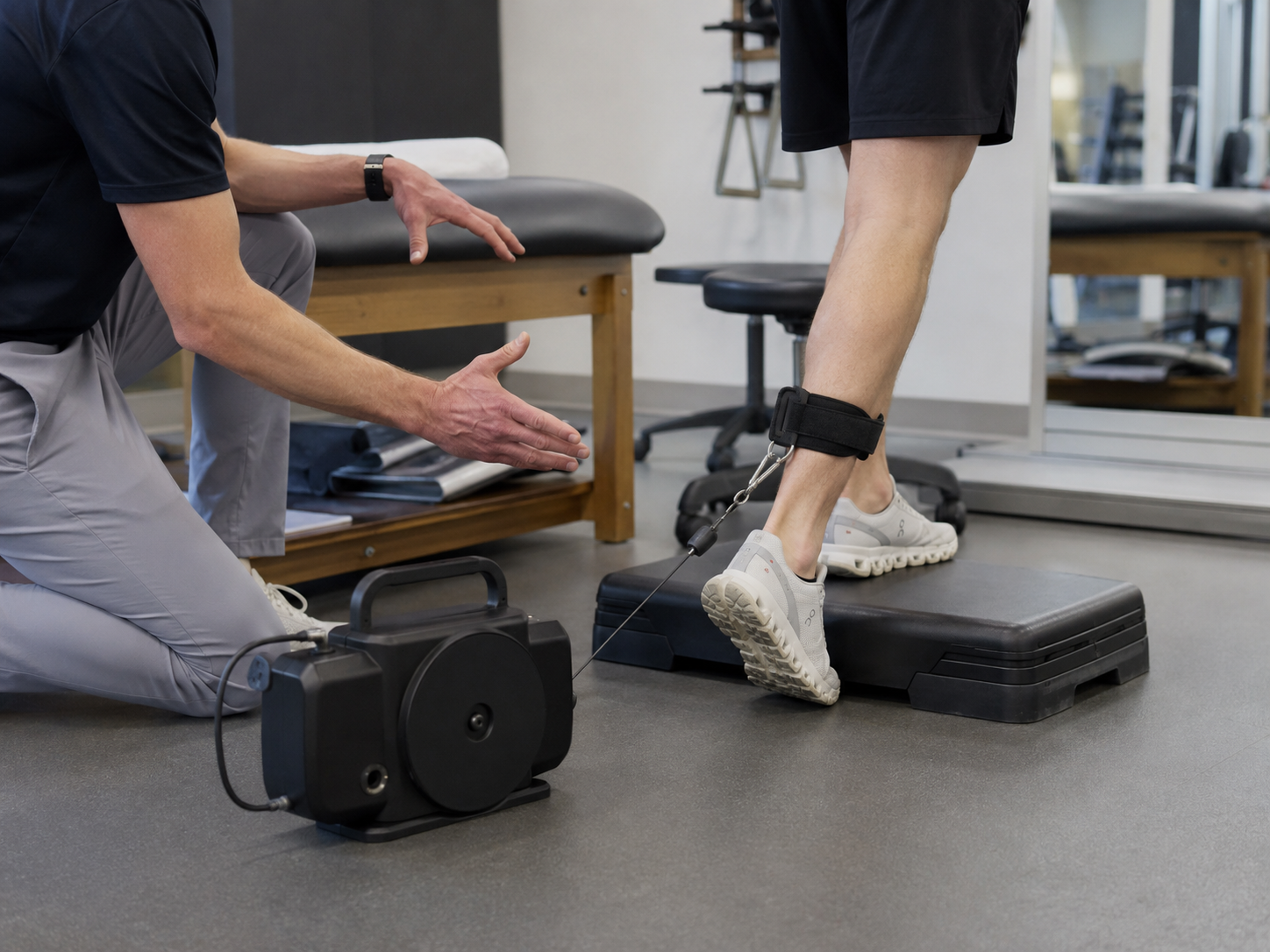 Physical therapist coaching a patient through eccentric strength training to rebuild tendon tolerance after injury