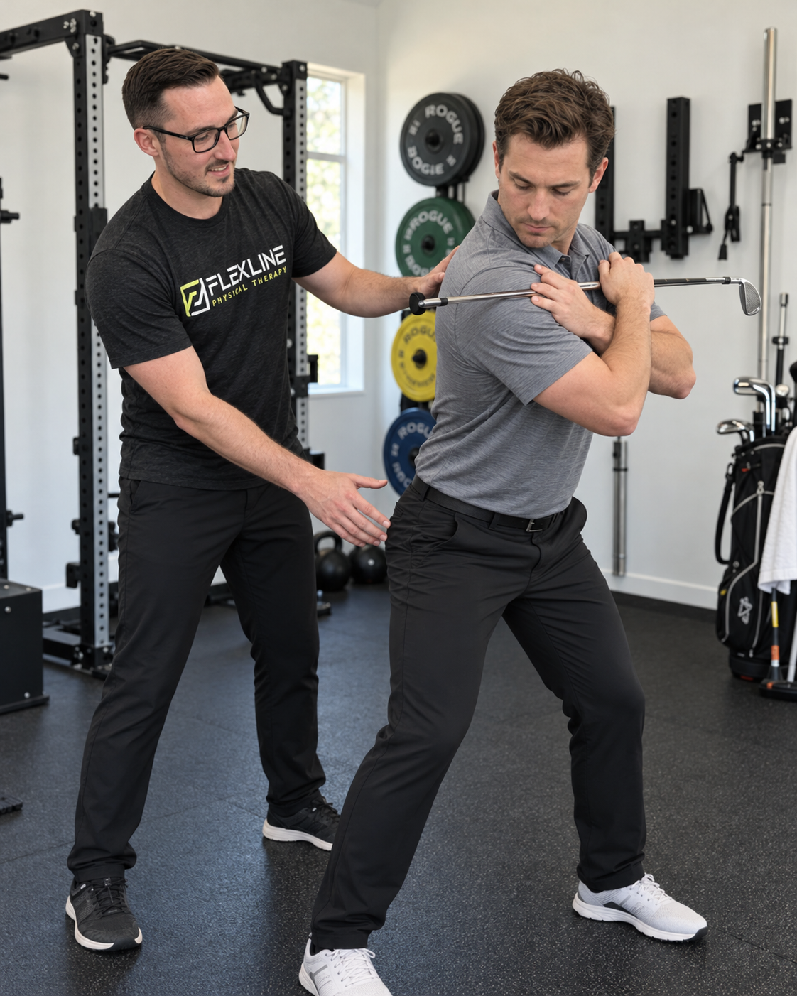 Physical therapist assessing shoulder and trunk rotation in a golfer with shoulder pain during the swing